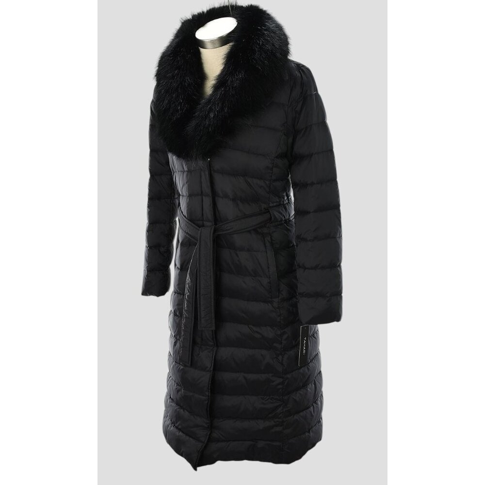 T TAHARI Black Quilted Faux Fur Shawl Collar Down Puffer Coat SMALL NWT